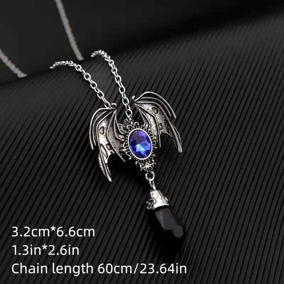 Necklace Bat Wings Pendant Silver Magic Goth Emo Scene Mythology Dangle Crystal - Picture 7 of 7